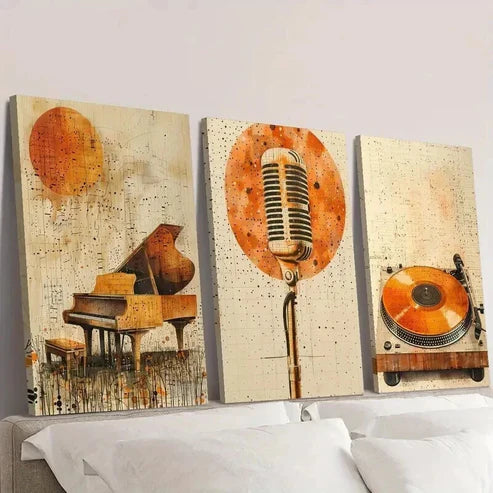 3pcs Golden Piano Microphone & Vinyl Record Wall Art Canvas Unframed - High Quality Print 100% Australian Made Wall Canvas