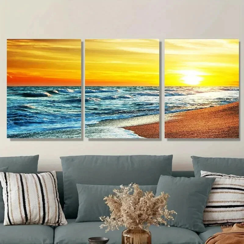 3pcs Sunset Beach Triptych Ocean Waves & Sandy Metal Print Ready to Hang Art