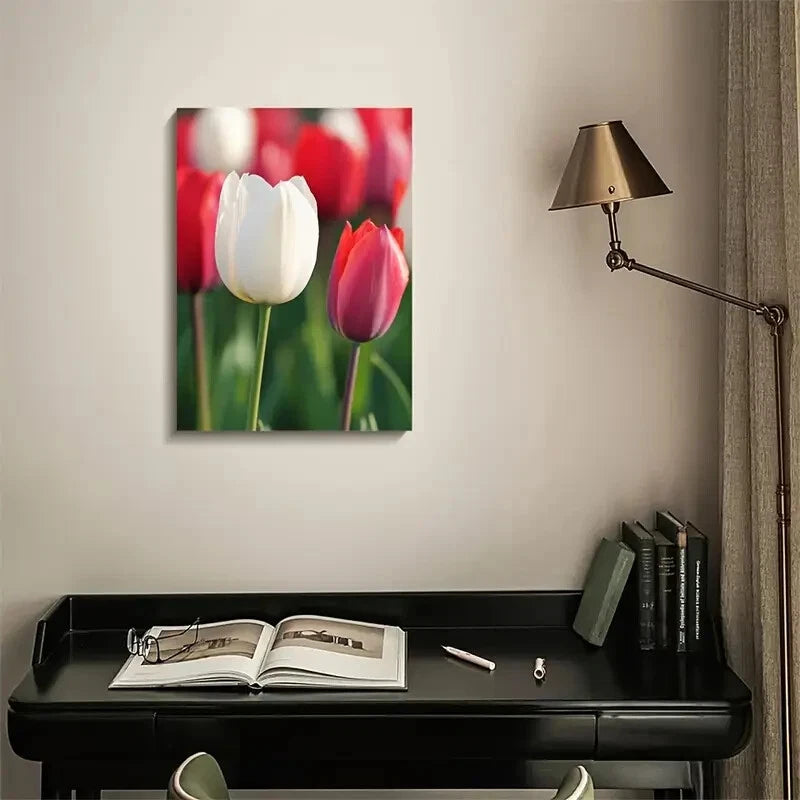 Red & White Tulips with Green Foliage,Painting 40x60cm Metal Print Ready to Hang