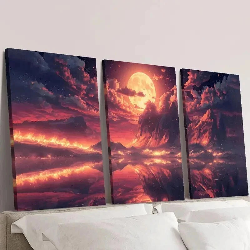 3pcs Dreamy Red Moon Sky Scenery Decor Wall Art Set Canvas Framed 40x60cm - High Quality Print 100% Australian Made Wall Canvas Ready to Hang