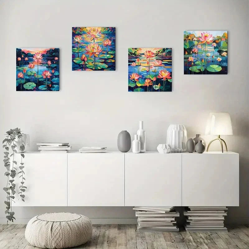 4pcs Vibrant for Lotus Pond Wall Art Canvas Framed
