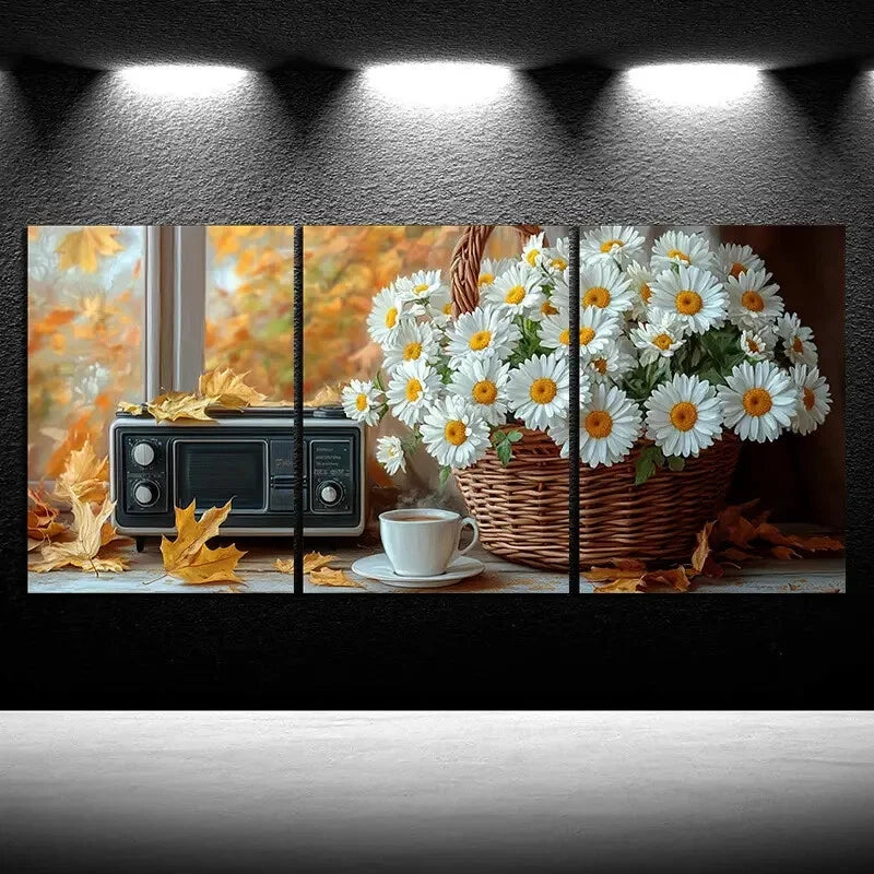 3pcs Daisy Bouquet & Coffee Table Scene Metal Print Ready to Hang Art