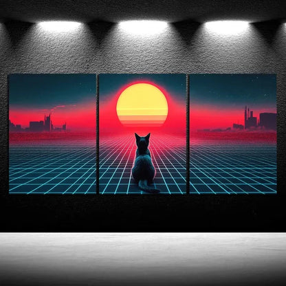3pcs The Cat Gazing at The Sun Painting Metal Print Ready to Hang Art