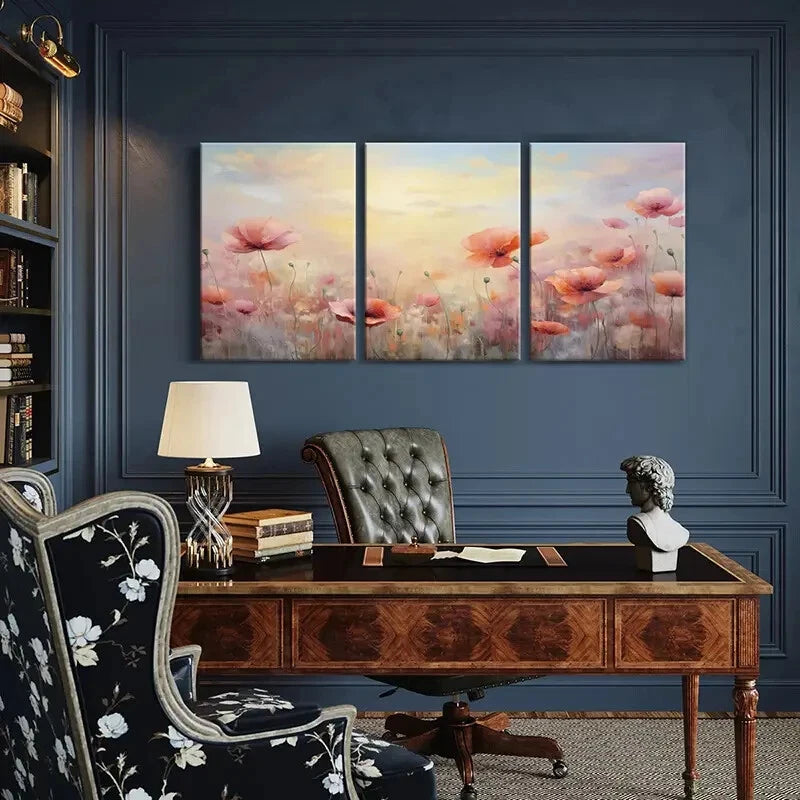 3pcs Poppy Field Soft Pastel Dreamy Lands Colors Metal Print Ready to Hang Art