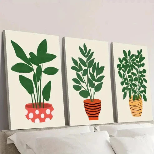 3pcs Leaves Growing in Pot Plant Wall Art Canvas Unframed - High Quality Print 100% Australian Made Wall Canvas
