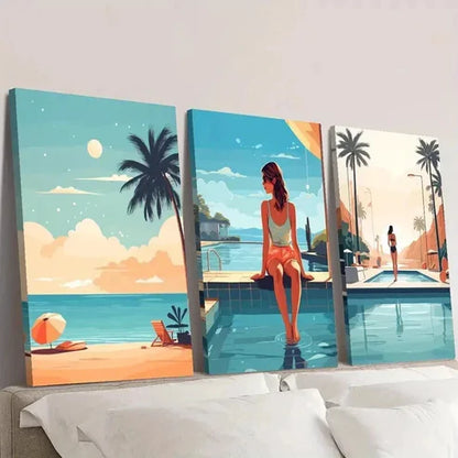 3pcs Summer Beach Background Illustration Wall Art Canvas Unframed - High Quality Print 100% Australian Made Wall Canvas