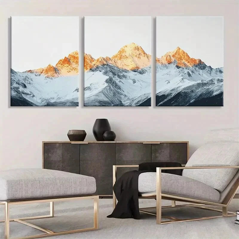 3pcs Snowy Mountain Peak Majestic Golden Perfect Wall Art Set Canvas Framed 40x60cm - High Quality Print 100% Australian Made Wall Canvas Ready to Hang