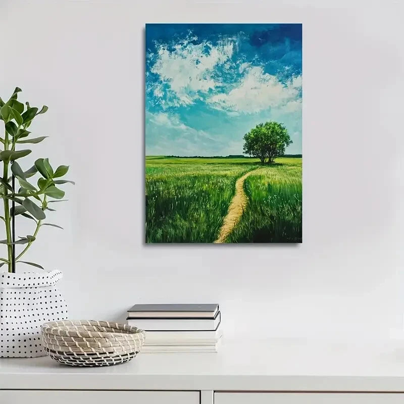 Serene Green Grassland with Lone Tree Painting 40x60cm Metal Print Ready to Hang