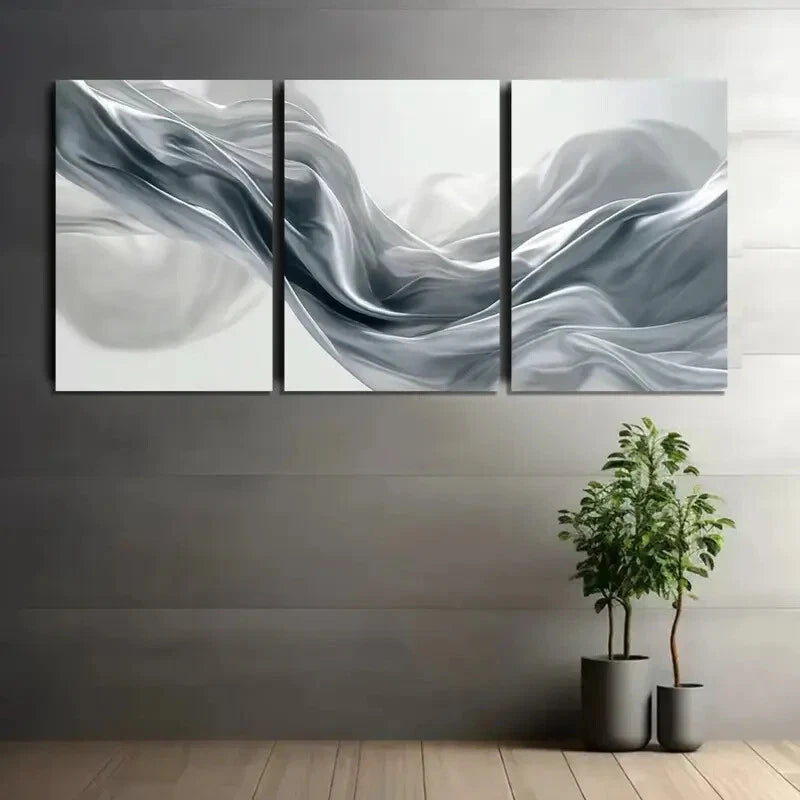 3pcs Gray and Silvery Abstract Shapes Metal Print Ready to Hang Art