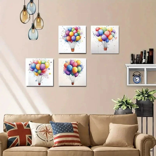 4pcs Colorful Balloons Vibrant Watercolor Design Wall Art Canvas Framed