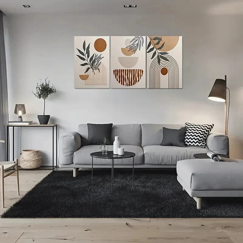 3pcs Geometric Plant Elements Neutral Tones Metal Print Ready to Hang Art