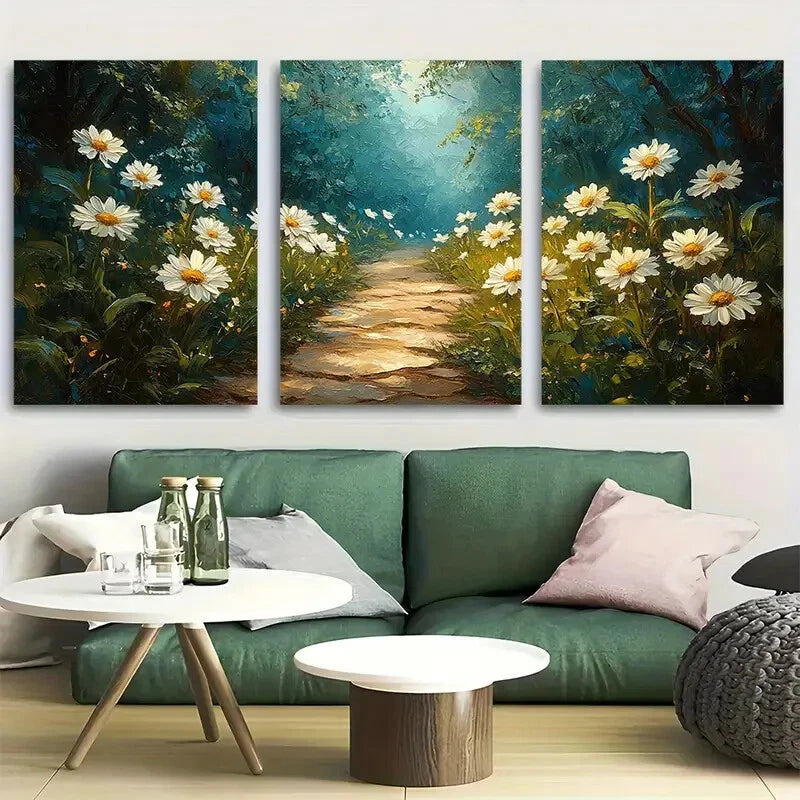 3pcs Serene Nature Scene White Daisies Perfect Wall Art Set Canvas Framed 40x60cm - High Quality Print 100% Australian Made Wall Canvas Ready to Hang
