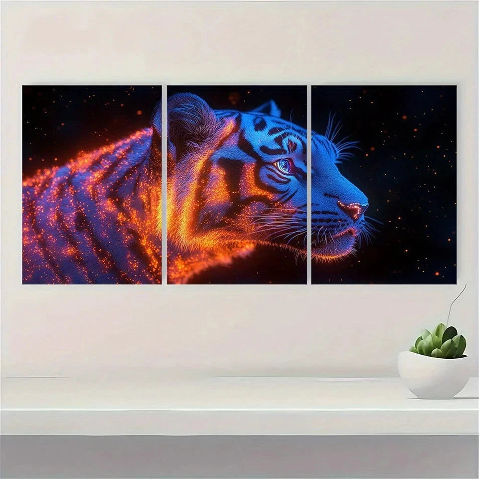 3pcs Fluorescent Tiger Animal Theme Metal Print Ready to Hang Art