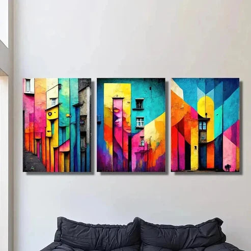 3pcs Vibrant Colorful House Architecture Wall Art Canvas Unframed - High Quality Print 100% Australian Made Wall Canvas