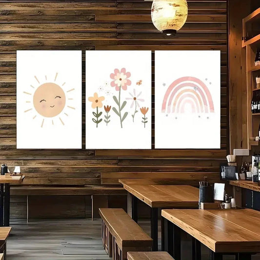 3pcs Cheerful Sun Rainbow & Smiling Flowers Metal Print Ready to Hang Art