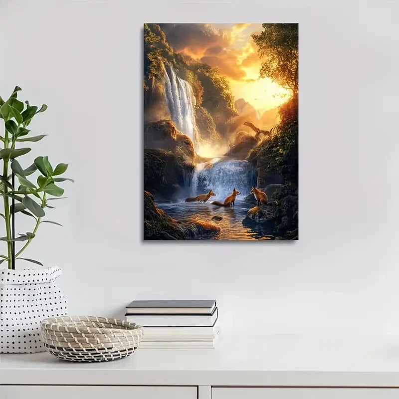 Dreamy Foxes Playing Near Crystal Clear Waterfall 40x60cm Metal Print Ready to Hang