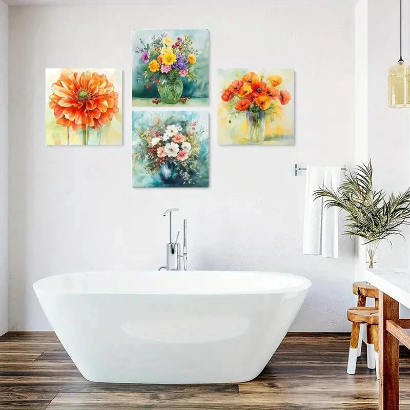 4pcs Flower Poster, Vase Canvas Print Wall Art Canvas Framed