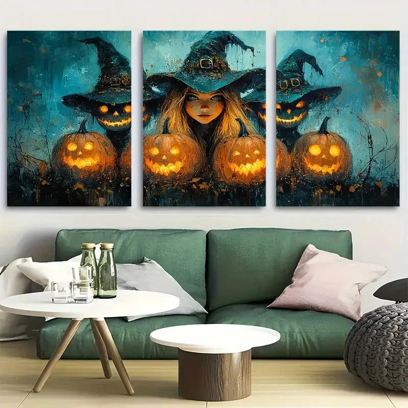 3pcs Pumpkin Lantern Halloween Witch Painting Metal Print Ready to Hang Art