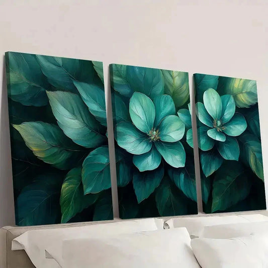 3pcs Green Floral  Teal & Blue Flowers  FG   Wall Art Set Canvas Framed 60x90cm - High Quality Print 100% Australian Made Wall Canvas Ready to Hang