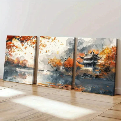 3pcs Autumn Scenery with Pagoda & Mountain River Wall Art Set Canvas Framed 40x60cm - High Quality Print 100% Australian Made Wall Canvas Ready to Hang