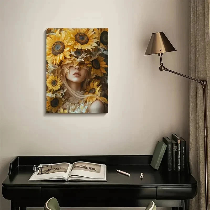 Stunning Sunflower Design with Elegant Woman 40x60cm Metal Print Ready to Hang