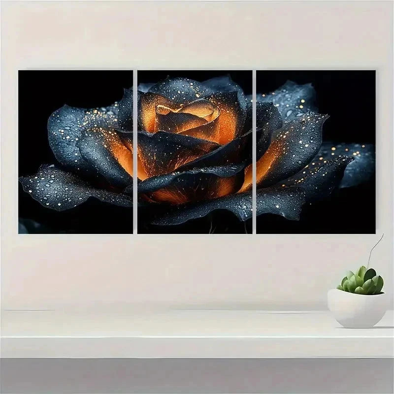 3pcs Abstract Botanical Black Golden Rose i Wall Art Set Canvas Framed 60x90cm - High Quality Print 100% Australian Made Wall Canvas Ready to Hang