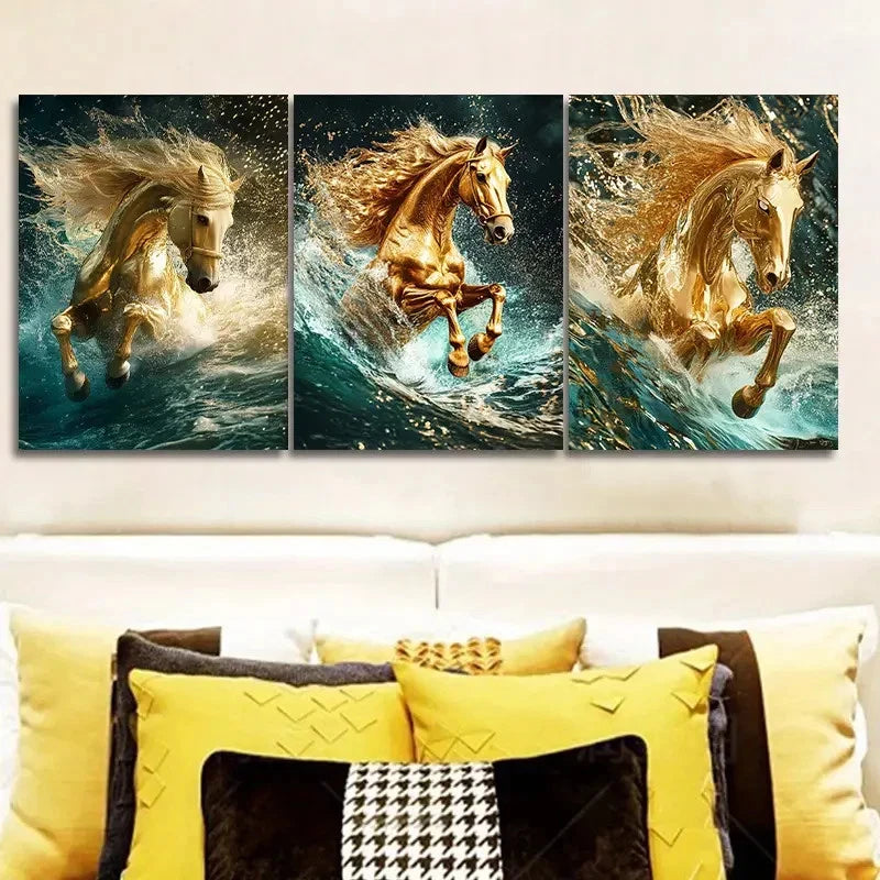 3pcs Golden Horse Classic Modern Style Metal Print Ready to Hang Art