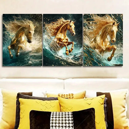 3pcs Golden Horse Classic Modern Style Metal Print Ready to Hang Art