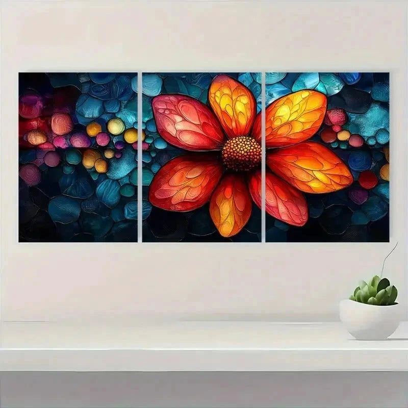 3pcs Vibrant Stained Glass Style Flower l Wall Art Set Canvas Framed 40x60cm - High Quality Print 100% Australian Made Wall Canvas Ready to Hang