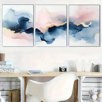 3pcs Abstract Ink Paintings In Shades Of Blue Wall Art Set Canvas Framed 40x60cm - High Quality Print 100% Australian Made Wall Canvas Ready to Hang