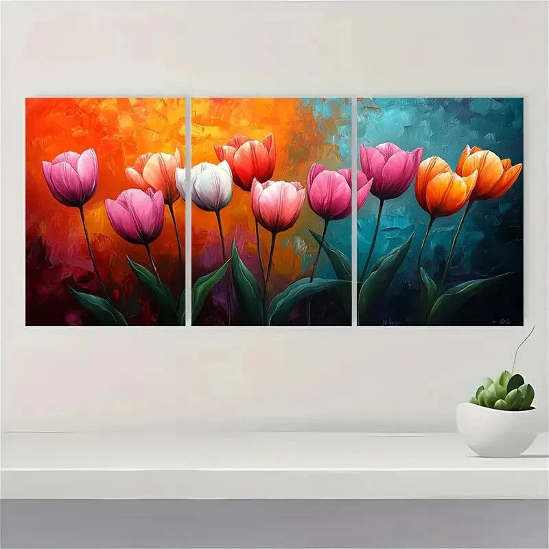 3pcs Vibrant Colorful Tulip Abstract Metal Print Ready to Hang Art