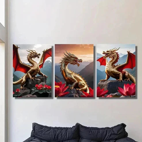 3pcs Golden Dragons with Red Wings Wall Art Canvas Unframed - High Quality Print 100% Australian Made Wall Canvas