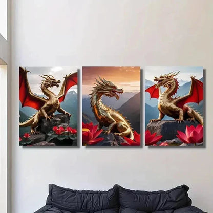 3pcs Golden Dragons with Red Wings Wall Art Canvas Unframed - High Quality Print 100% Australian Made Wall Canvas