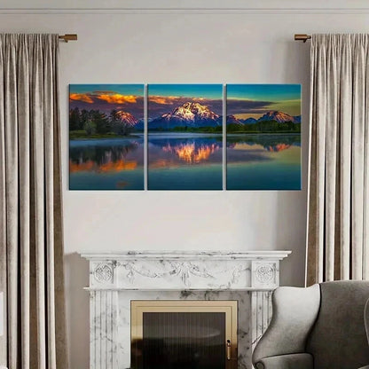 3pcs Mountains Lakes Sun Reflection on Water Wall Art Set Canvas Framed 40x60cm - High Quality Print 100% Australian Made Wall Canvas Ready to Hang