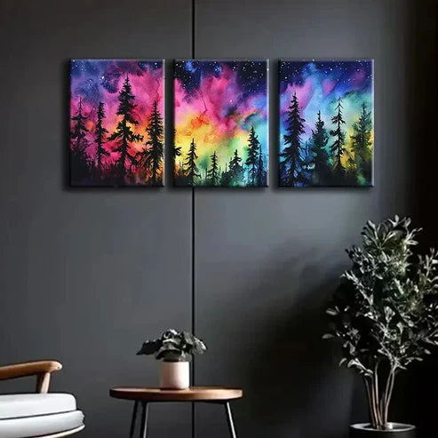 3pcs Colorful Night Sky Forest Painting Perfect Wall Art Set Canvas Unframed - High Quality Print 100% Australian Made Wall Canvas