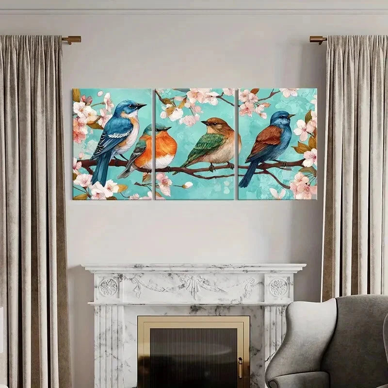 3pcs Artistic Birds Blossom Branches Spring Time Metal Print Ready to Hang Art