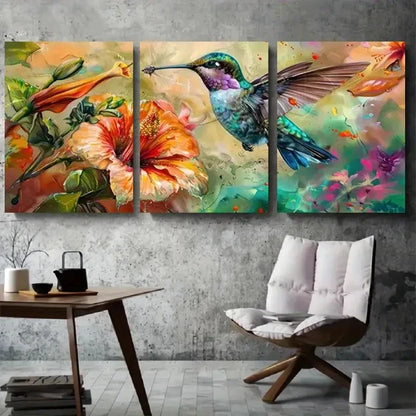 3pcs Colorful Hummingbirds with Hibiscus Flowers Metal Print Ready to Hang Art