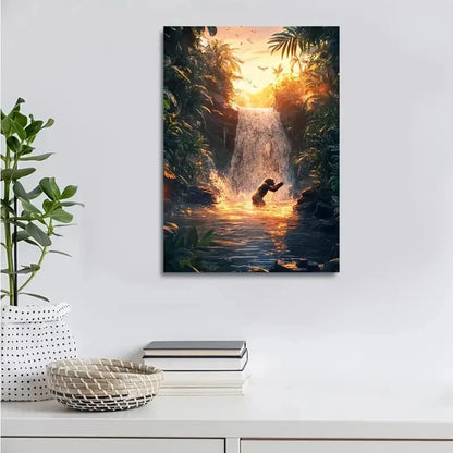 Dreamlike Gorilla Splashing in Waterfall Painting 40x60cm Metal Print Ready to Hang