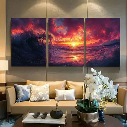 3pcs The Wave Synthwave Style Ocean Wall Art Set Canvas Framed 40x60cm - High Quality Print 100% Australian Made Wall Canvas Ready to Hang