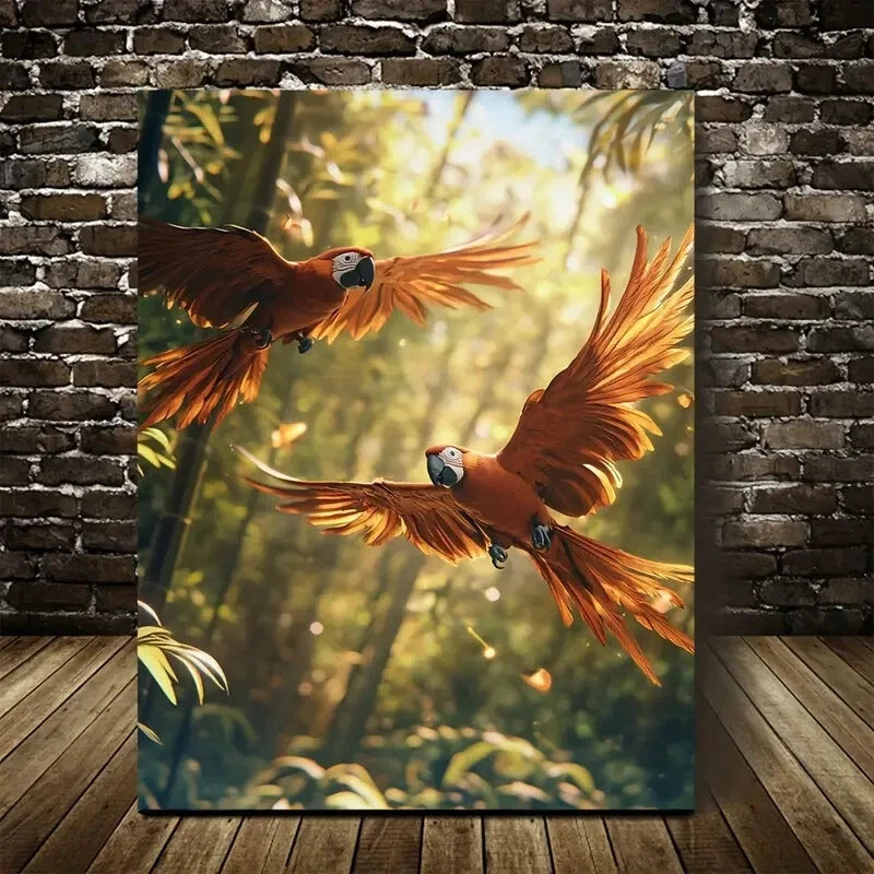 Vibrant Parrot Scene In Bamboo Grove Painting 40x60cm Metal Print Ready to Hang