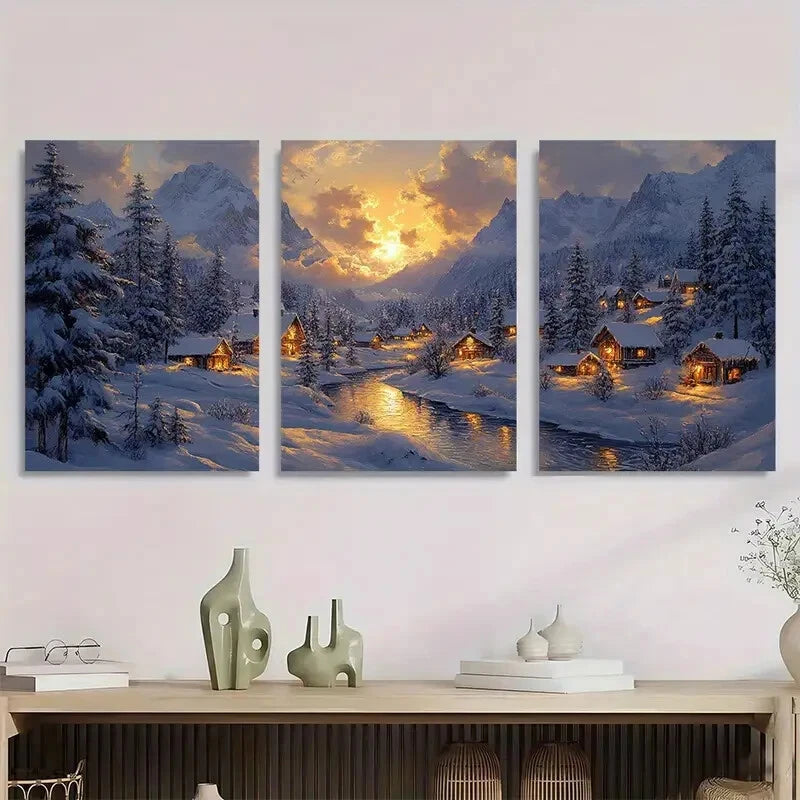 3pcs Evening Snow village painting peaceful Metal Print Ready to Hang Art