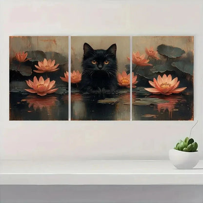 3pcs Vintage Black Cat & Water Lilies Metal Print Ready to Hang Art