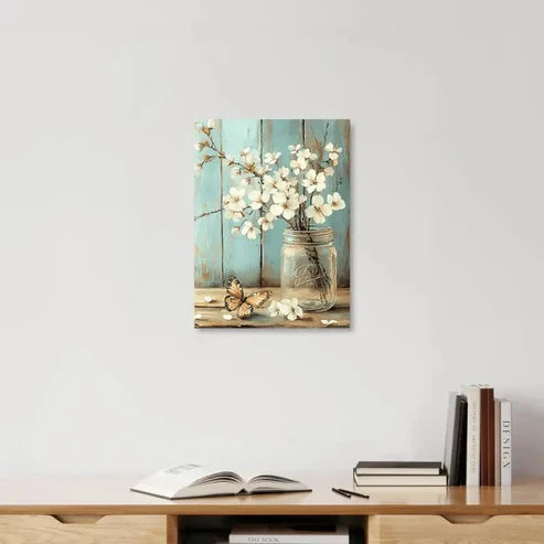 Beautiful Serene Mason Jar & Butterfly Painting 60x90cm Metal Print Ready to Hang