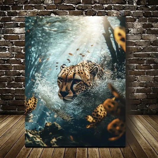 Stunning Cheetah Underwater Scene Painting 40x60cm Metal Print Ready to Hang
