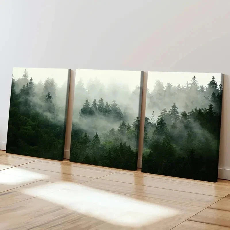 3pcs Forest Fog and Tall Trees Landscape Wall Art Set Canvas Framed 40x60cm - High Quality Print 100% Australian Made Wall Canvas Ready to Hang