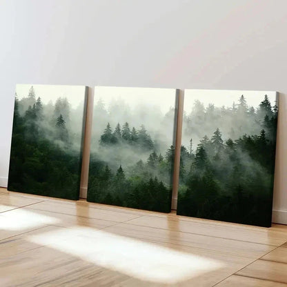 3pcs Forest Fog and Tall Trees Landscape Wall Art Set Canvas Framed 40x60cm - High Quality Print 100% Australian Made Wall Canvas Ready to Hang