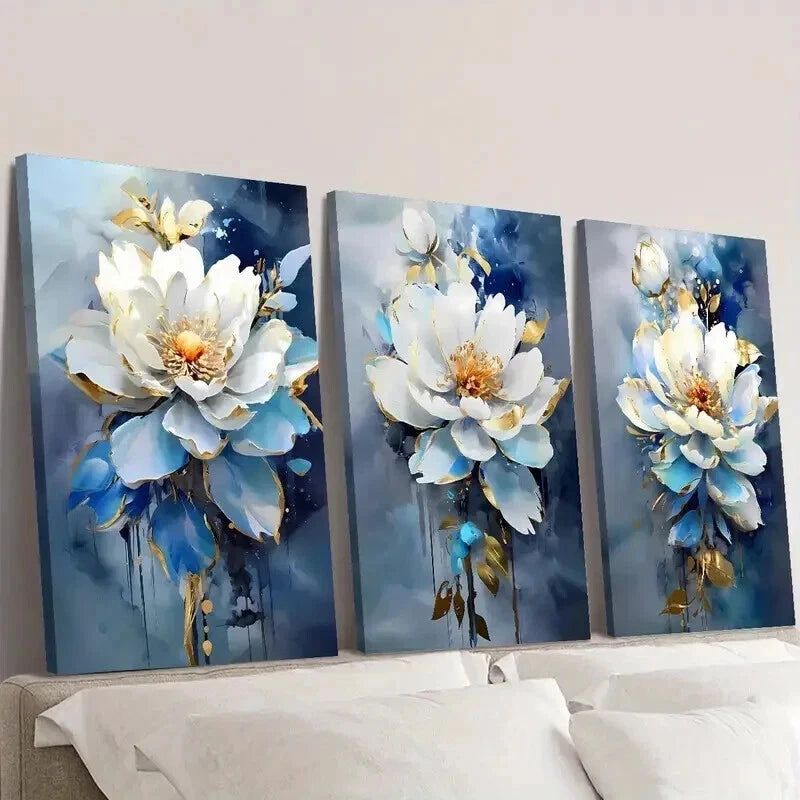 3pcs Modern Luxury Blue and White Floral Wall Art Set Canvas Framed 40x60cm - High Quality Print 100% Australian Made Wall Canvas Ready to Hang