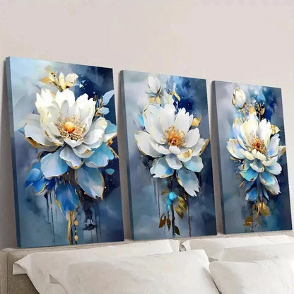 3pcs Modern Luxury Blue and White Floral Wall Art Set Canvas Framed 40x60cm - High Quality Print 100% Australian Made Wall Canvas Ready to Hang
