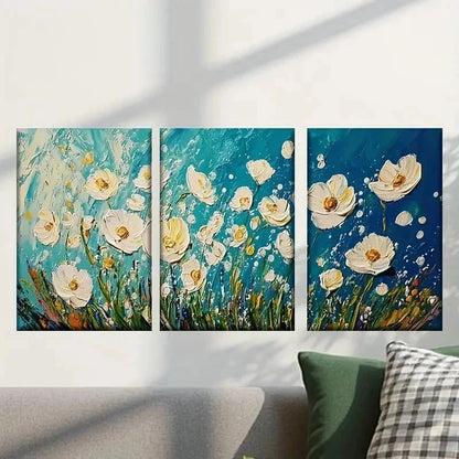 3pcs White Flowers on a Blue Background Wall Art Set Canvas Framed 40x60cm - High Quality Print 100% Australian Made Wall Canvas Ready to Hang