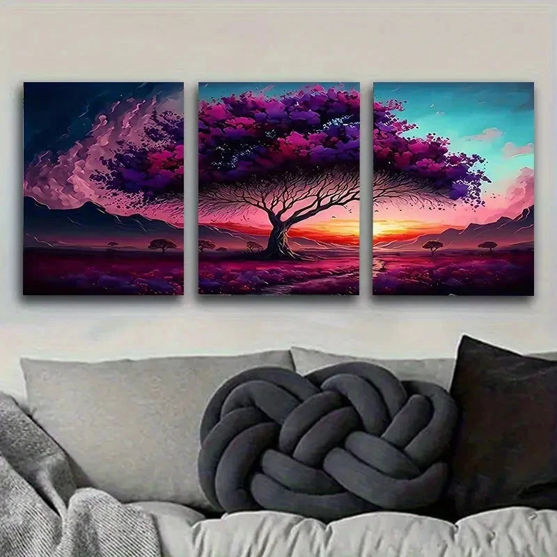 3pcs Dreamy Purple Tree at Dusk Wall Art Set Canvas Framed 60x90cm - High Quality Print 100% Australian Made Wall Canvas Ready to Hang